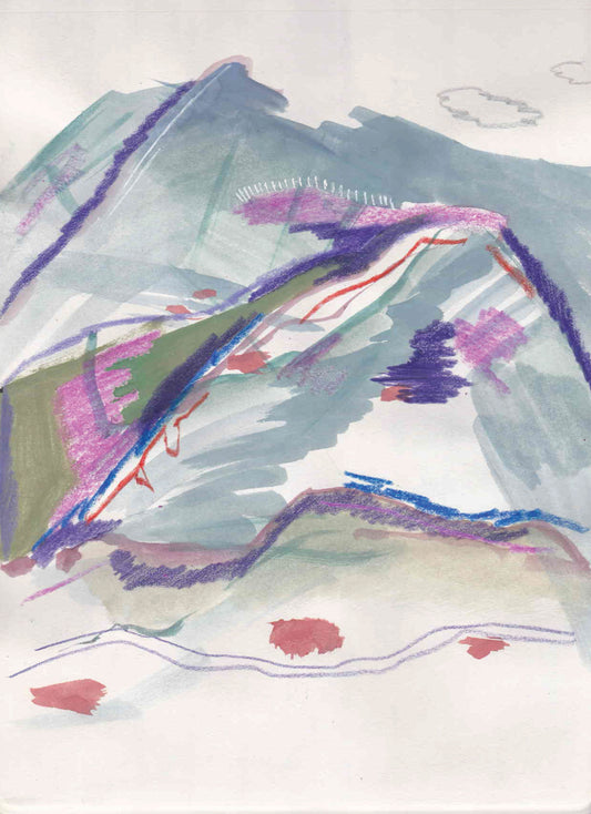 Abstract watercolor painting with wavy lines and splashes of color on a white background